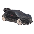 Black model car body with white wheels on a white background