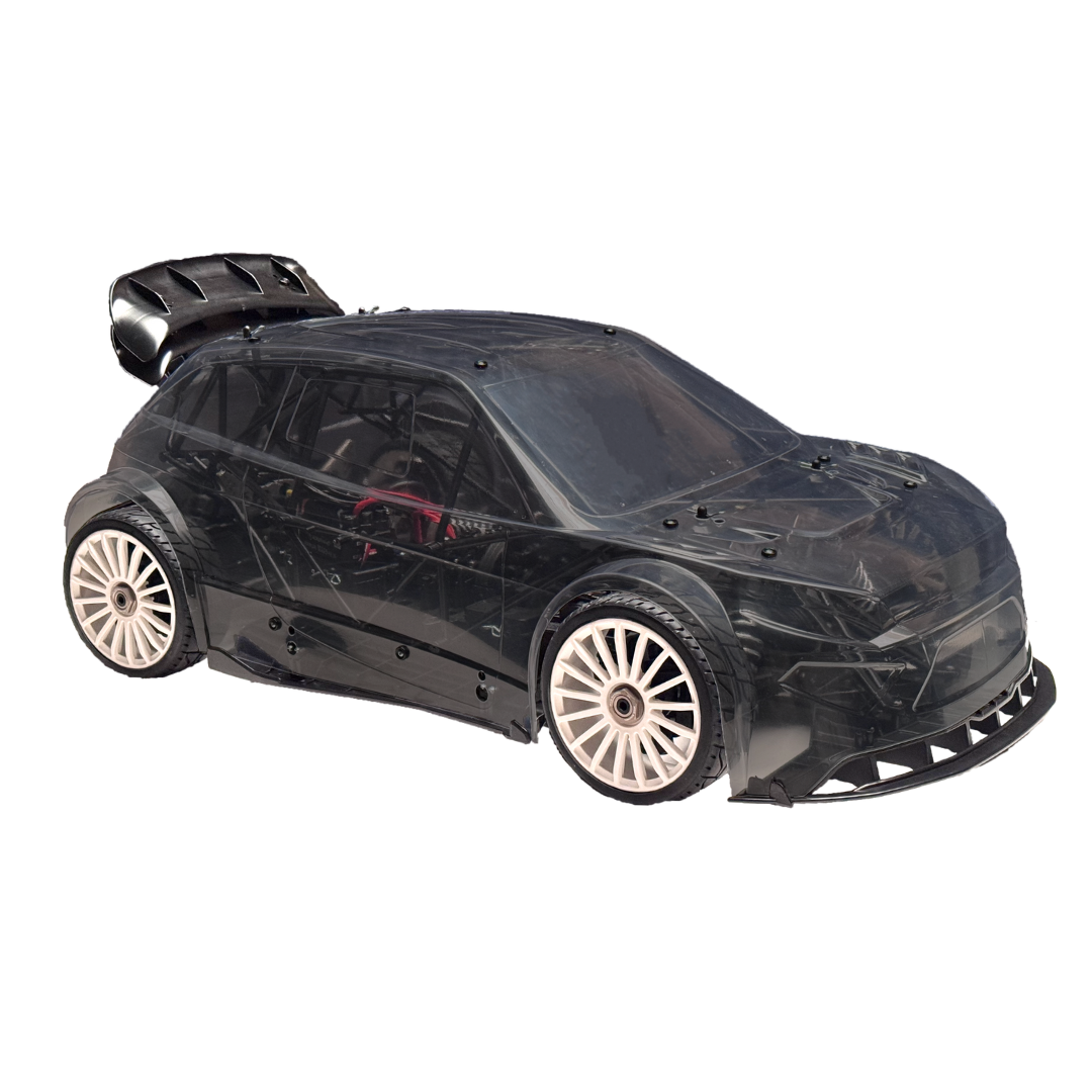 Black model car body with white wheels on a white background