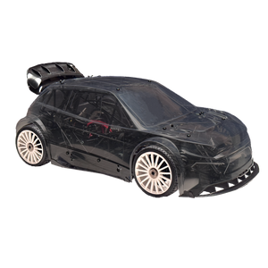 Black model car body with white wheels on a white background