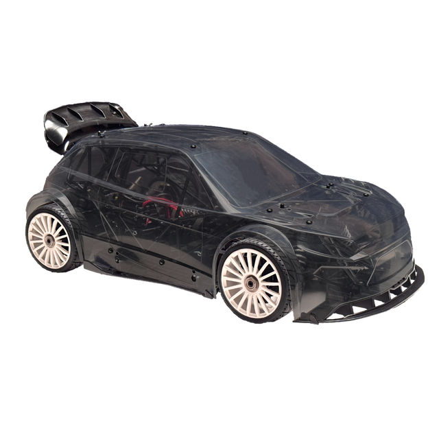 Black model car body with white wheels on a white background