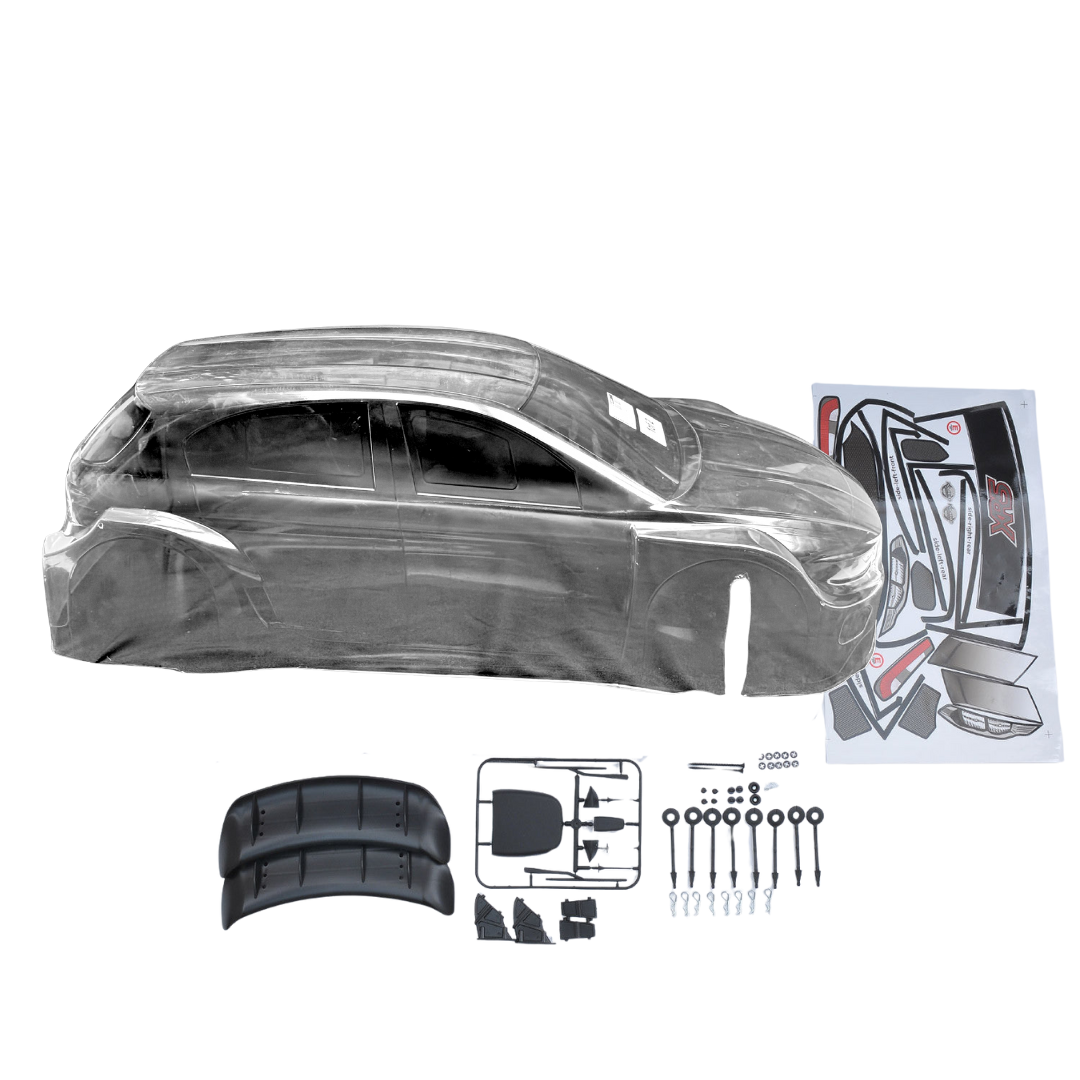 Car body kit with tools and decals on a white background