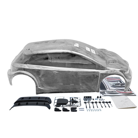 Car body kit with various components on a white background