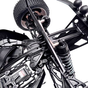 Close-up of a black off-road vehicle suspension system on a white background