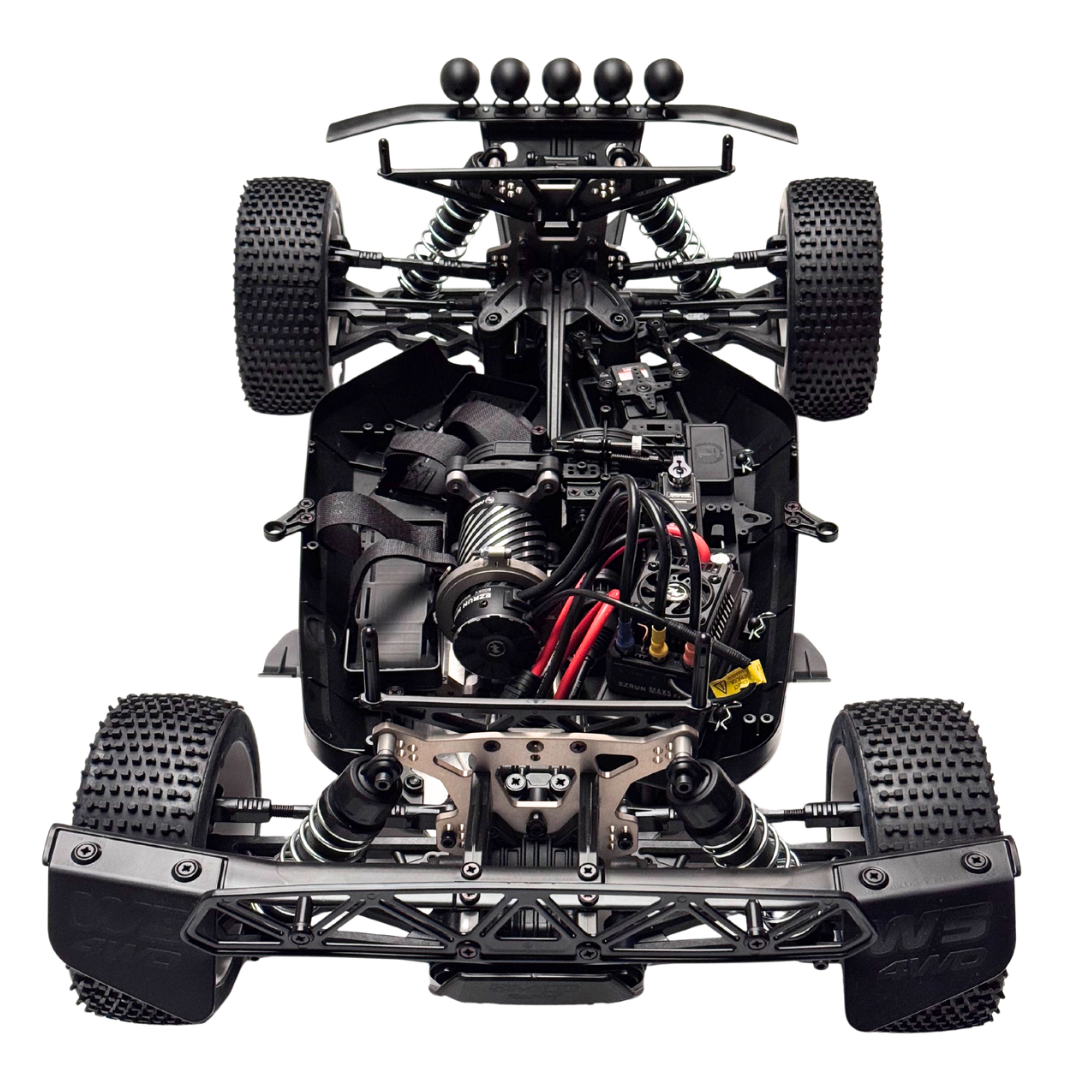 Close-up of a black RC car chassis with visible mechanical components on a white background