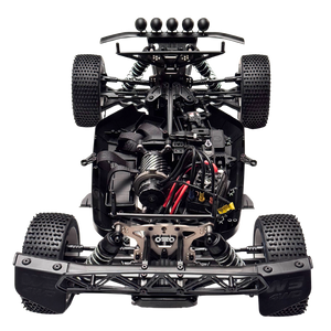 Close-up of a black RC car chassis with visible mechanical components on a white background