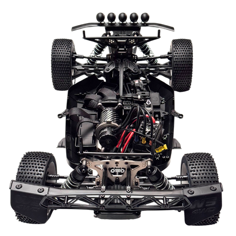 Close-up of a black RC car chassis with visible mechanical components on a white background