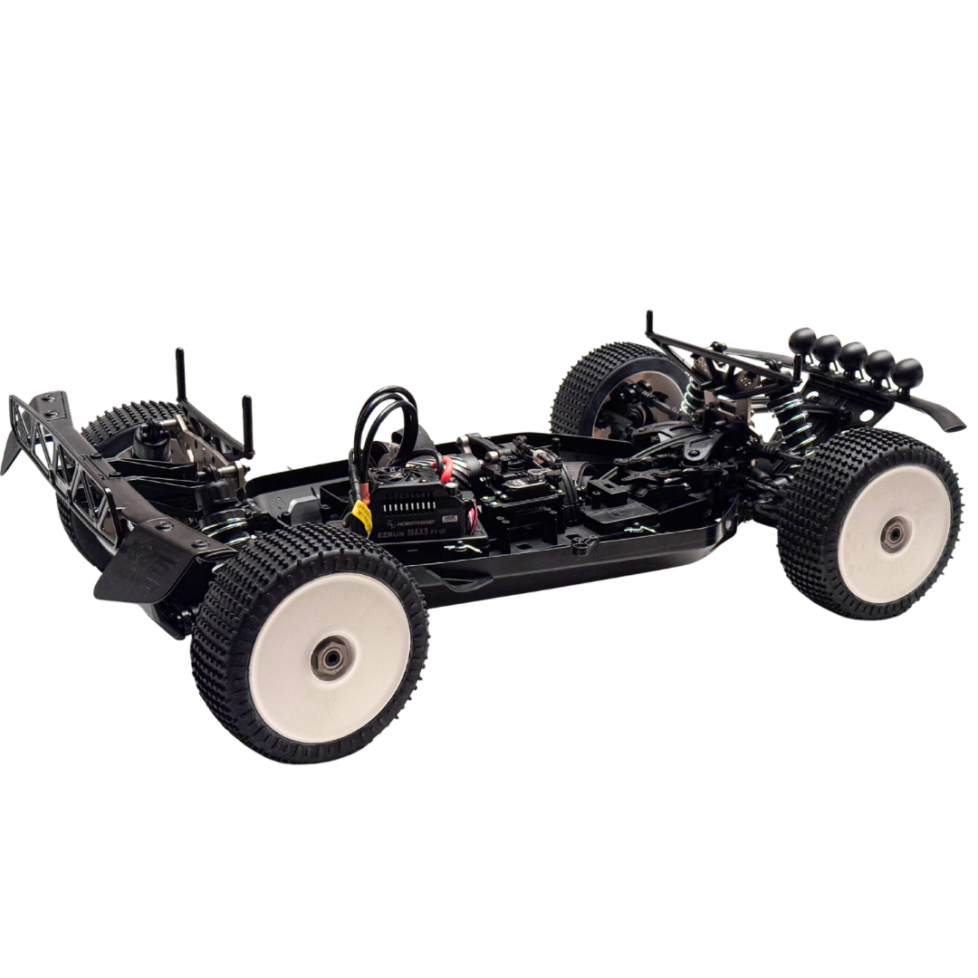 Black and white remote control car chassis on a white background