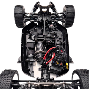 Close-up of a mechanical model of a vehicle with visible components on a white background