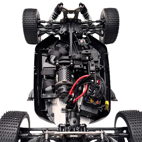 Close-up of a mechanical model of a vehicle with visible components on a white background