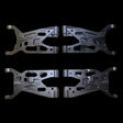 A set of four machined front arms for a Losi 5T and 2.0 remote control vehicle, featuring cut-out holes and mounting points, displayed on a dark background.
