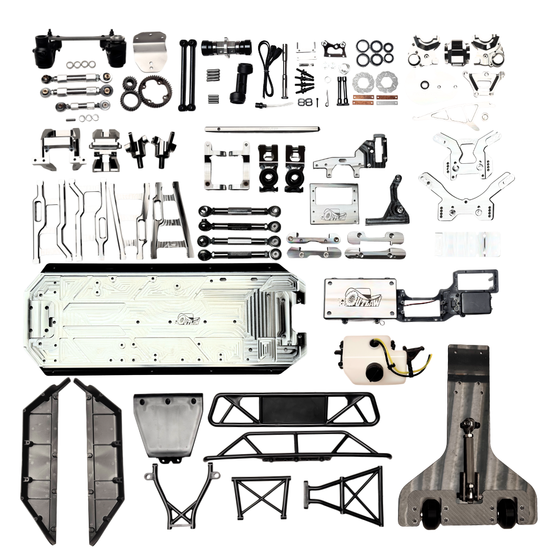 Full contents of the Outlaw V4 Billet Hybrid Slider kit version laid out including chassis, arms, towers, wheelie bar and hardware