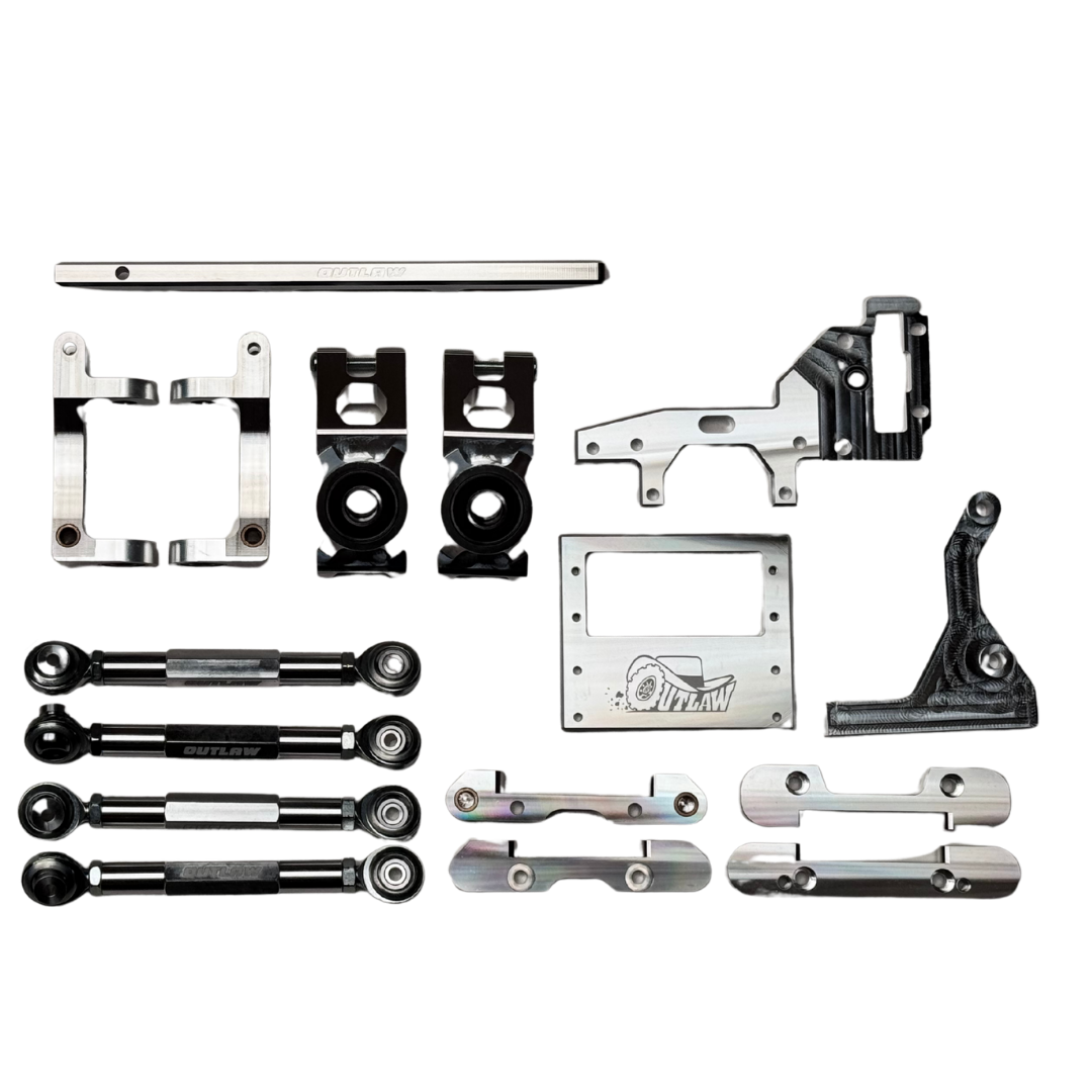 Outlaw V4 Billet Hybrid Slider kit version chassis braces, links and mounts in raw silver aluminium