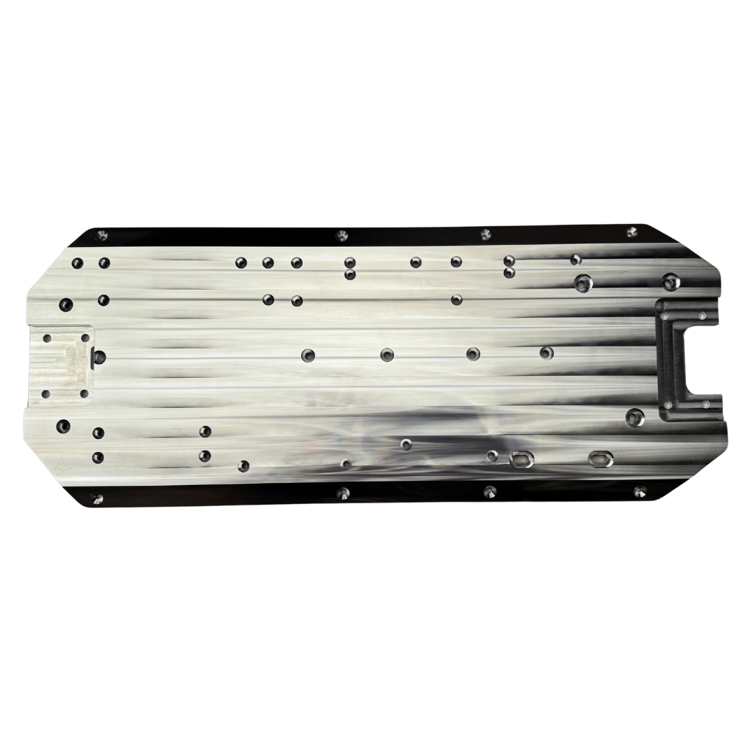 Underside view of Outlaw V4 Billet Hybrid Slider kit version chassis in raw silver aluminium