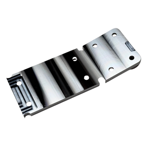 Angled view of Outlaw V4 Billet Hybrid Slider kit version front chassis insert in raw silver aluminium