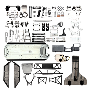 Full contents of the Outlaw V4 Billet Hybrid Slider kit version laid out including chassis, arms, towers, wheelie bar and hardware
