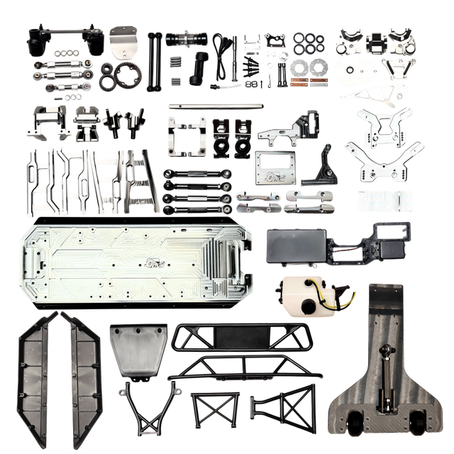 Full contents of the Outlaw V4 Billet Hybrid Slider kit version laid out including chassis, arms, towers, wheelie bar and hardware