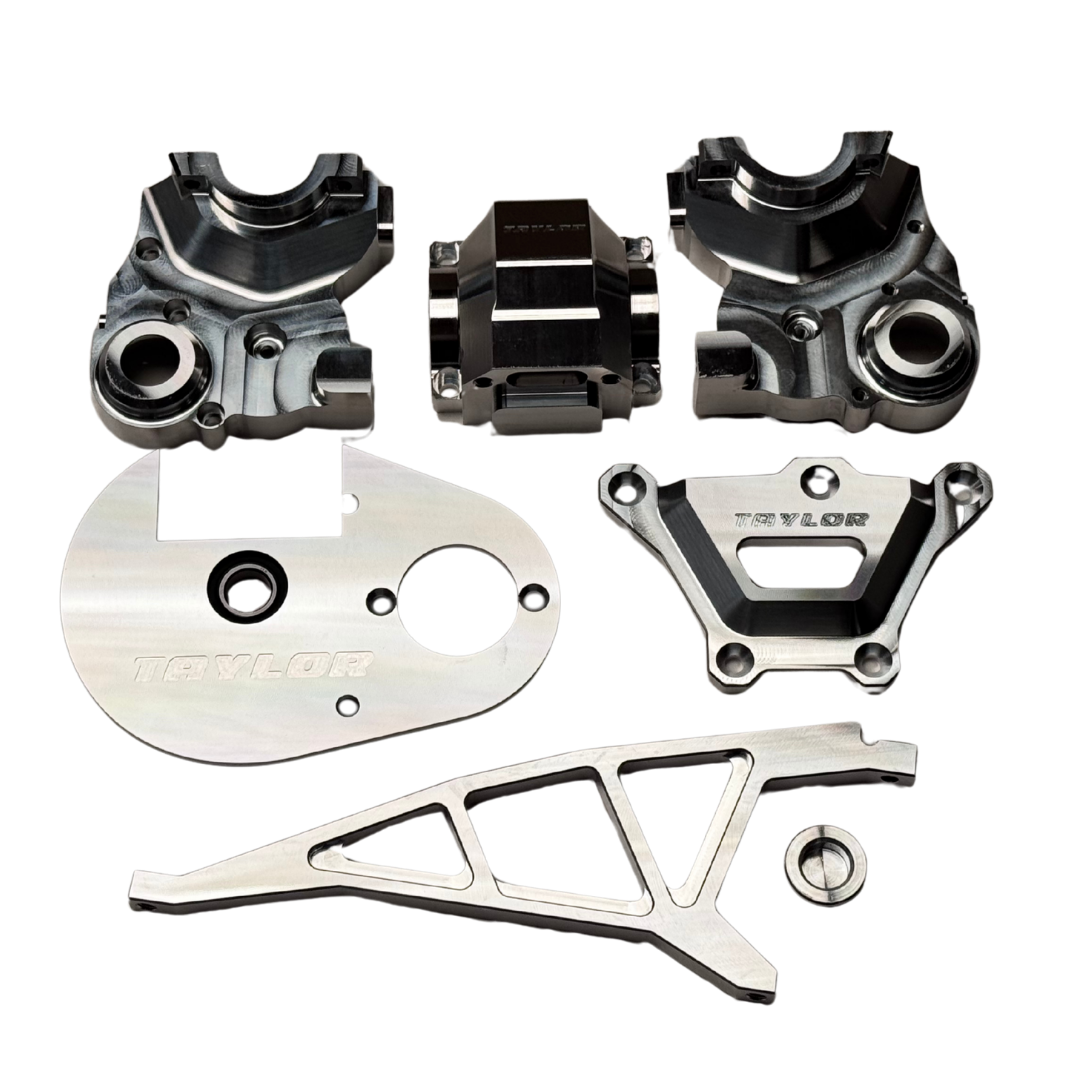 Outlaw V4 Billet Hybrid Slider kit version transmission housings, motor plate and brace in raw silver aluminium