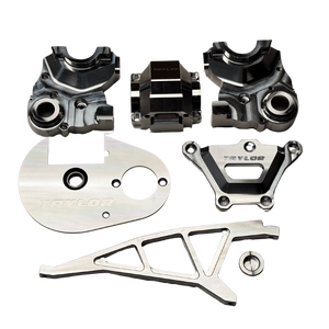 Outlaw V4 Billet Hybrid Slider kit version transmission housings, motor plate and brace in raw silver aluminium