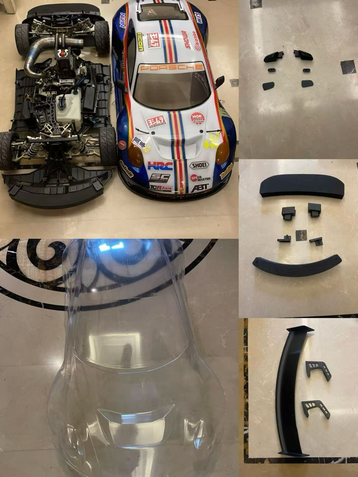 Collage of RC car parts including body shell, chassis, and decals.