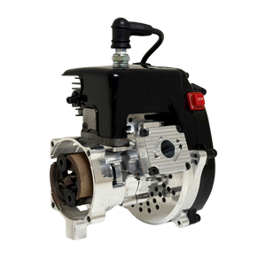 Front view of the HPRC 32cc race ported Zenoah engine showing the raw silver billet clutch bell, reed case mount and cooling vents from the opposite angle