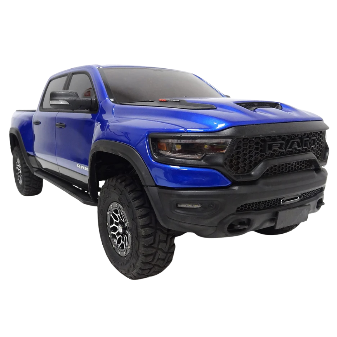 Blue pickup truck with black grille on a white background