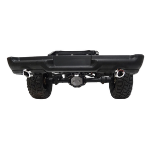 Black off-road vehicle bumper with tires on a white background