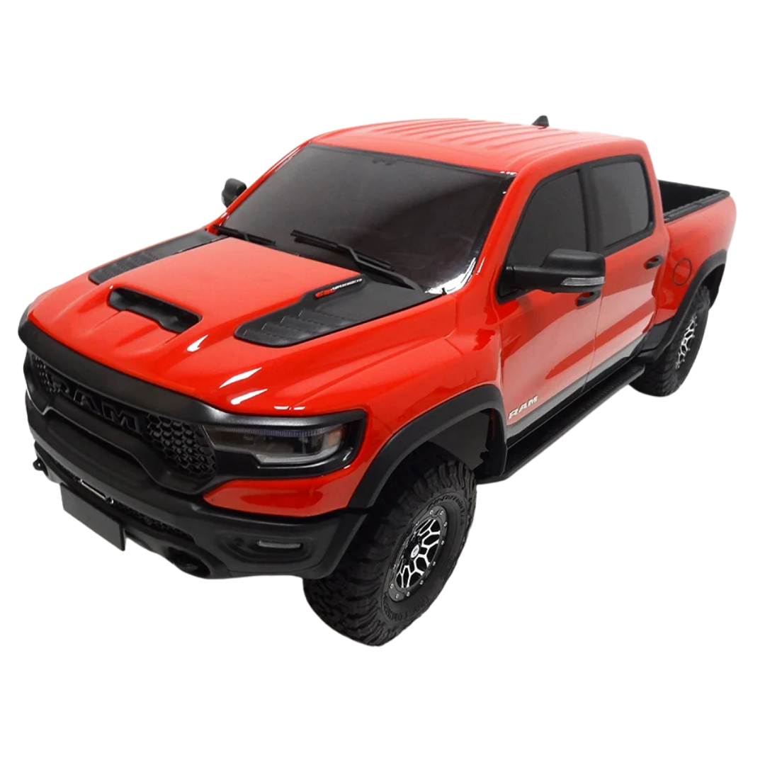 Red pickup truck with black accents on a white background