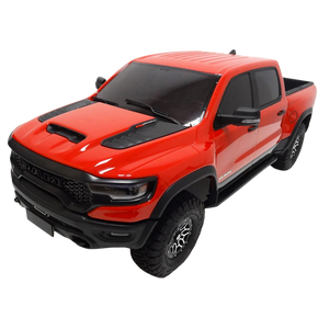Red pickup truck with black accents on a white background
