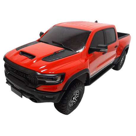 Red pickup truck with black accents on a white background