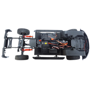 Top view of a black RC car chassis with visible wiring on a white background