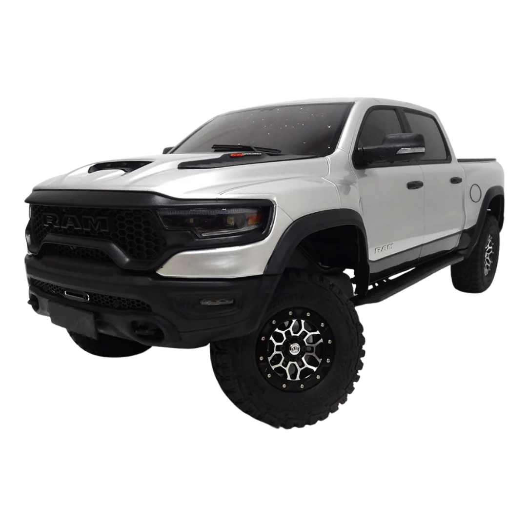 White truck with black accents on a white background