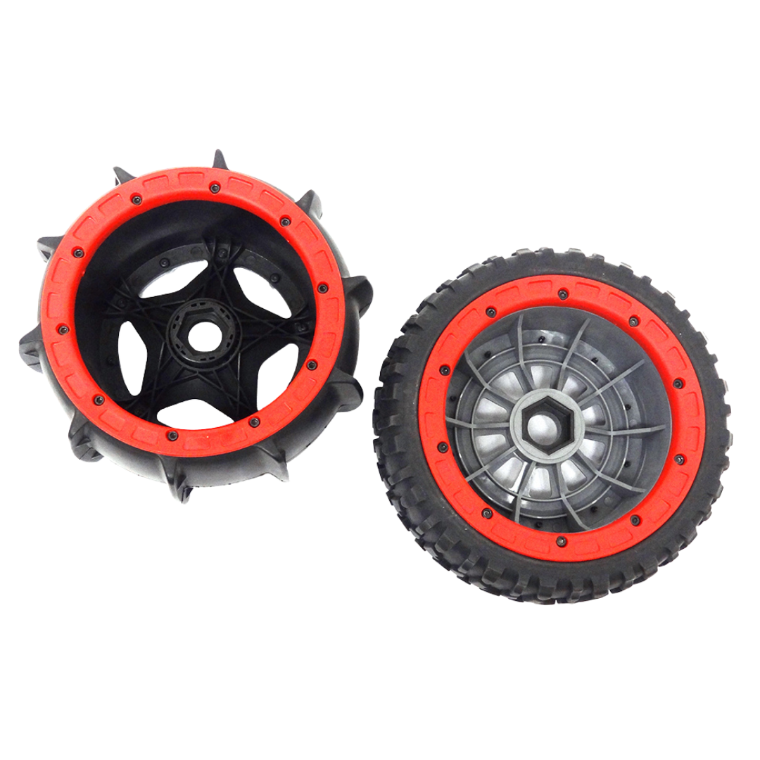 Two wheels with red rims and black tires on a white background