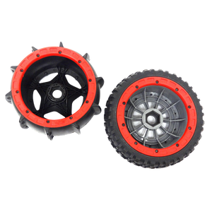 Two wheels with red rims and black tires on a white background
