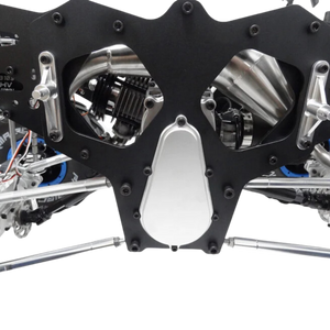 Close-up of a mechanical engine or drone part on a white background