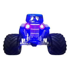 Toy monster truck with blue lights on a white background