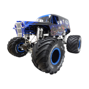 Monster truck with large black tires and blue accents on a white background