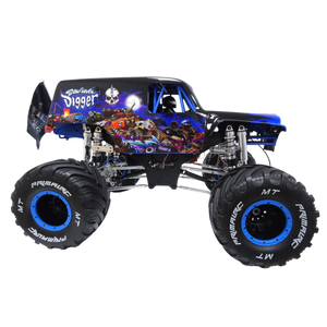 Monster truck with large wheels and colorful design on a white background