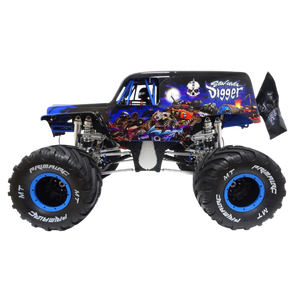 Monster truck with large wheels and detailed design on a white background