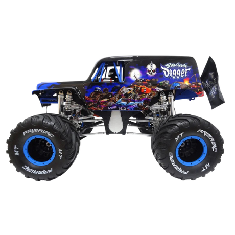 Monster truck with large wheels and detailed design on a white background