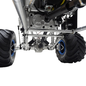 Close-up of a vehicle's suspension system on a white background