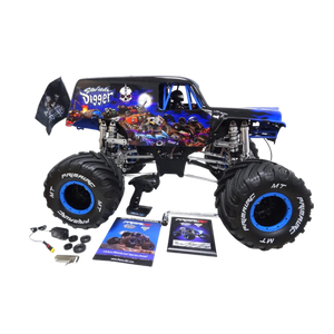 Monster truck model with large wheels and detailed design on a white background