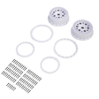 Set of white wheel hubs and spacers on a white background