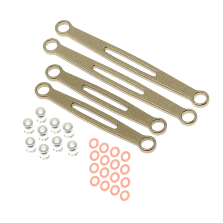 Set of gold metal brackets with small components on a white background