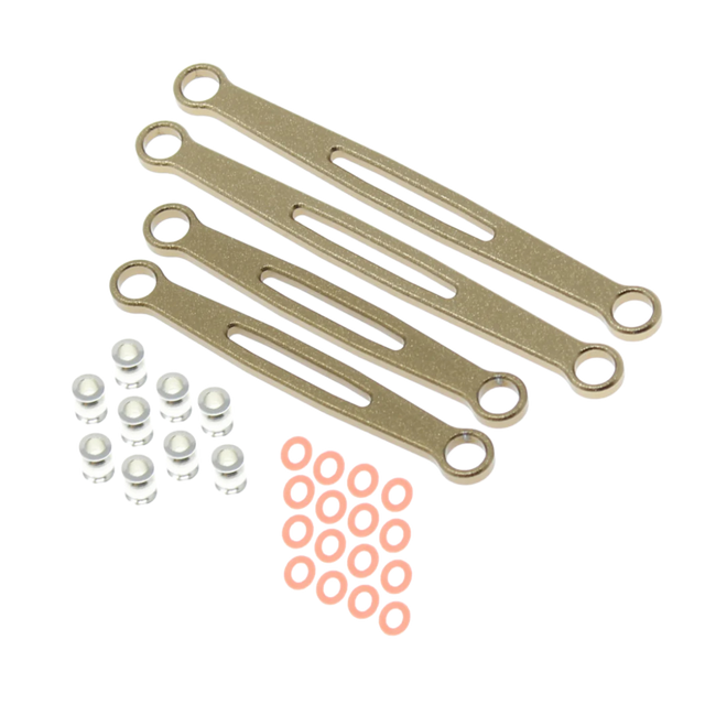 Set of gold metal brackets with small components on a white background