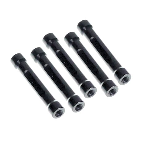 Set of six black cylindrical metal components on a white background