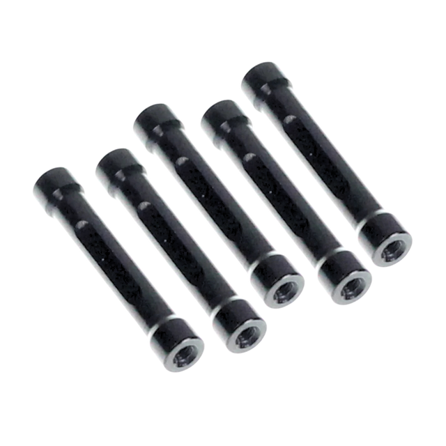 Set of six black cylindrical metal components on a white background