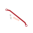 Red metal linkage with small metal components on a white background
