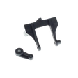Black plastic mechanical components on a white background