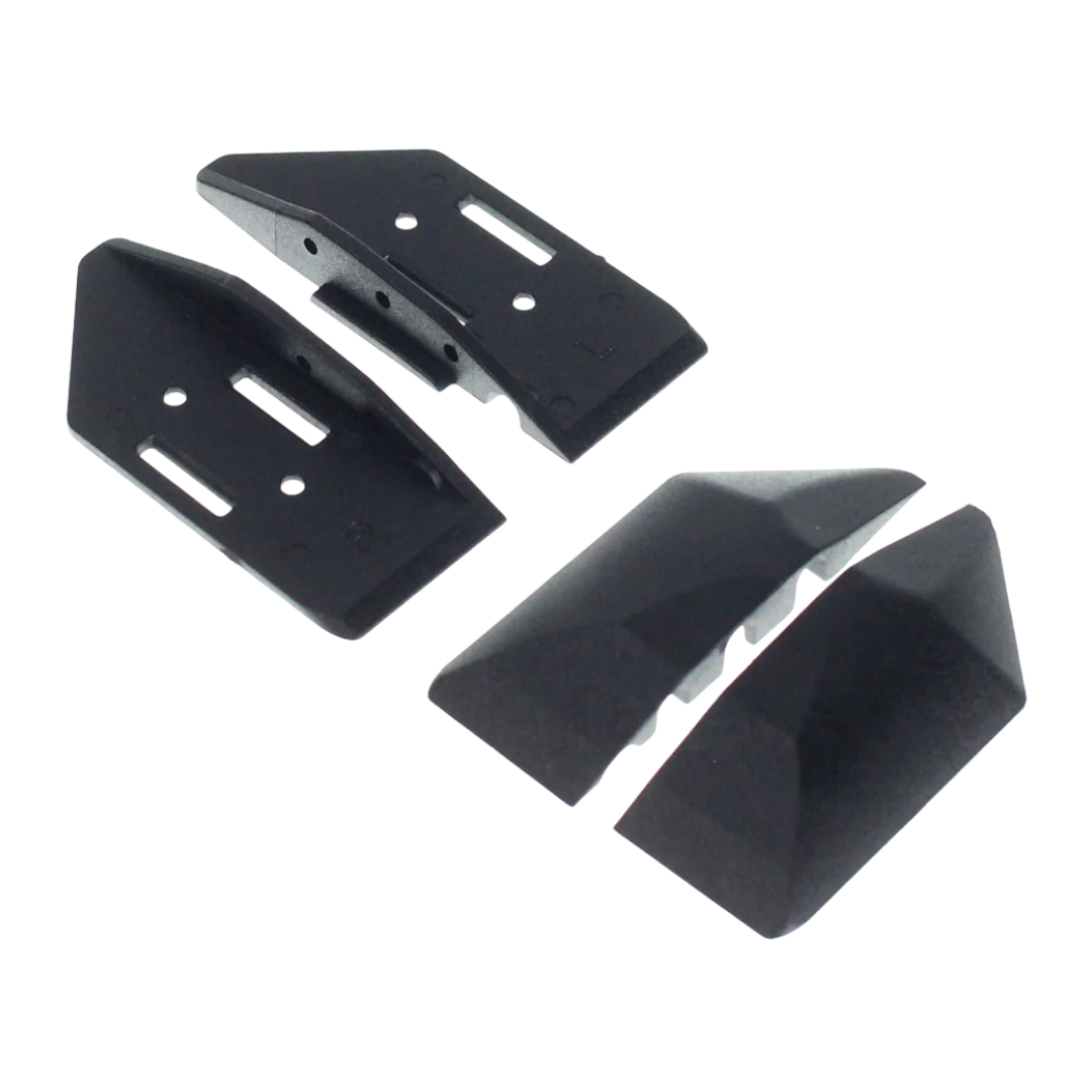 Three black plastic brackets on a white background