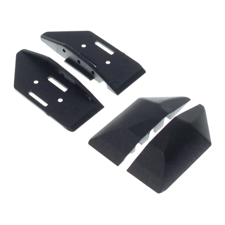 Three black plastic brackets on a white background